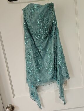 Oh Polly Beaded Embellished Teal Strapless Mini Evening Dress - Women's Size 4
